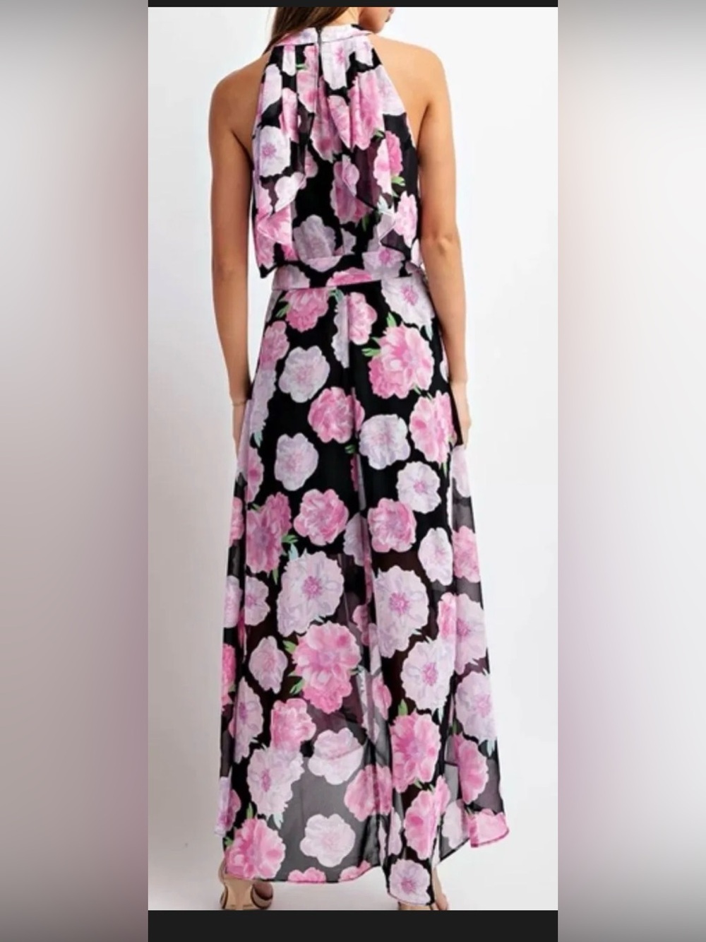 Floral Halter High-low Dress in Pink on Black - Picture 2 of 7